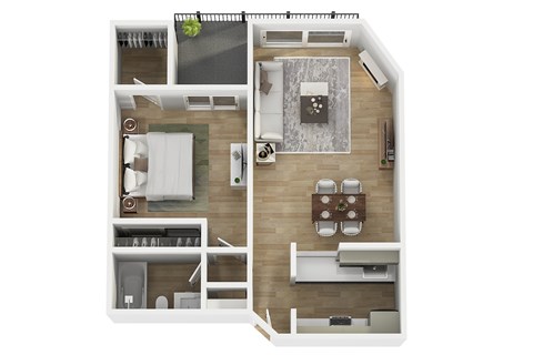 A modern 3d floor plan of a 1 bedroom 1 bathroom apartment with furnitures.